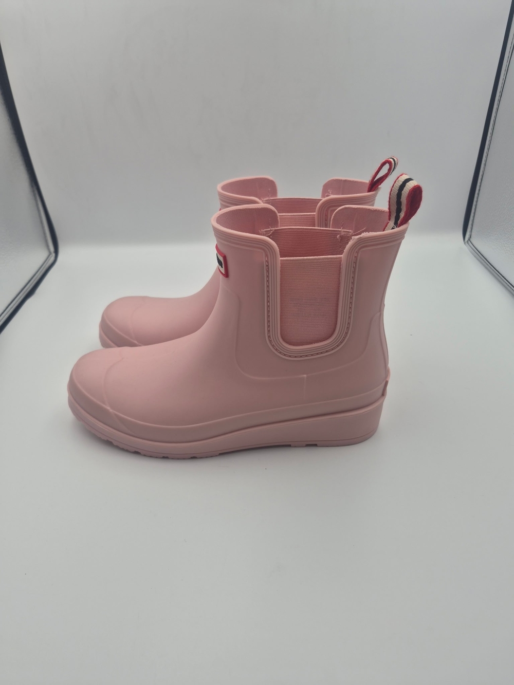 Hunter Pink Chelsea Short Rain Boots with Striped Pull Tabs